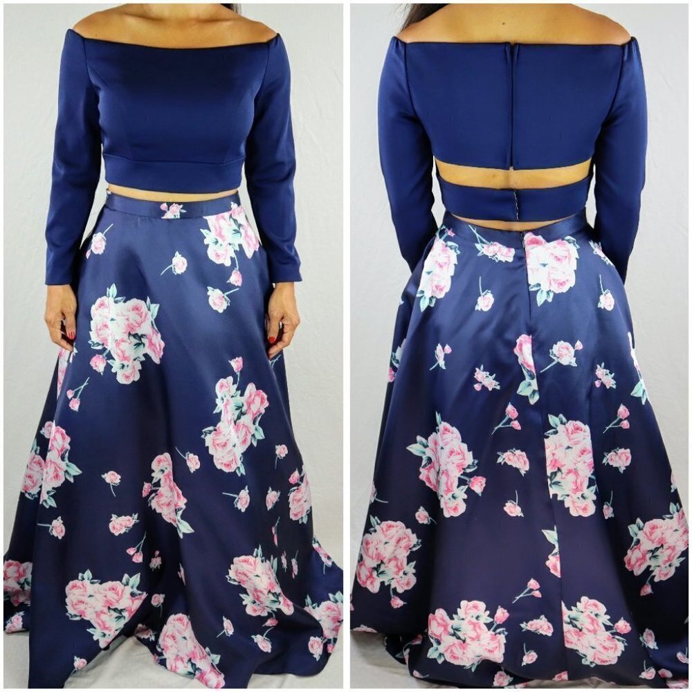 2 Cute Brand Navy Floral Two Piece Formal Gown $469 - Picture 4 of 15